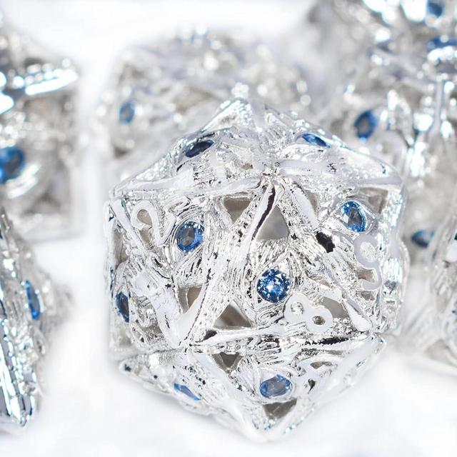 RULE DICE Metal DND Dice Set, 7pcs Hollow Jeweled Eyes Metal D&D Dice Set, 70 Natural Gemstones Hand-Set, Collector's Grade DND Dice, Suitable for Role Playing Game D&D Dice (Silver and Sapphire)