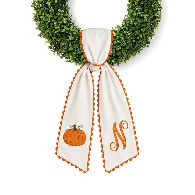 Halloween Pumpkin Wreath Sash Fall Front Door Orange Bow Decor (N) | Soft cotton feel fabric raised embroidery scalloped trim seasonal accent Initials
