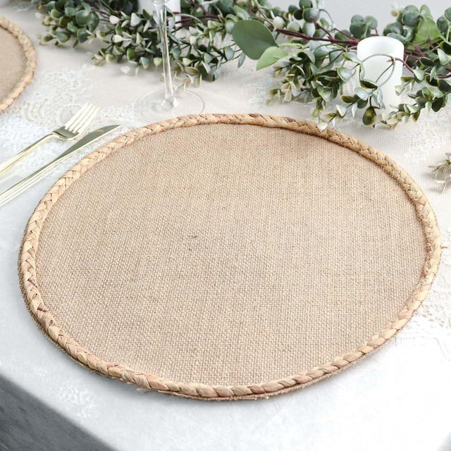 Efavormart 4 Pack | 15" Round Natural Rustic Burlap Jute Placemats Braided Edges, Farmhouse Placemats with Trim
