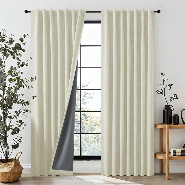 JoyDeco 52" x 96" Light Beige Thermal Insulated Faux Linen Textured 100% Blackout Curtains for Bedroom Rod Pocket & Back Tabs