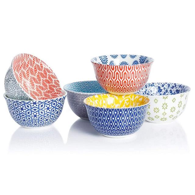 Amazingware Porcelain Bouillon Cups - 8 Ounce Dessert Bowls, Set of 6, Assorted Designs