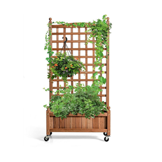 SUGIFT 50 Inch Wood Planter Box with Trellis Mobile Raised Bed for Climbing Plant
