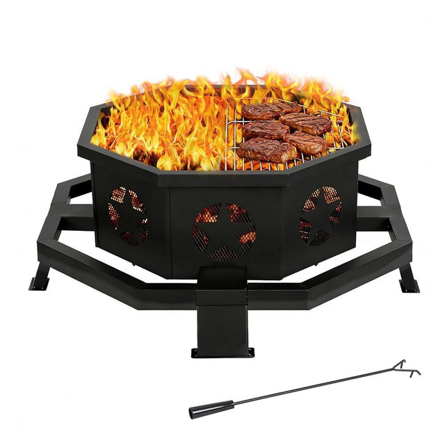 Hykolity 31 Inch Fire Pit, Octagonal Outdoor Fire Pit, 2 in 1 Wood Burning Fire Pits with Cooking Grill, Smokeless FirePit for Outside, Bonfire, Patio, Backyard, Camping