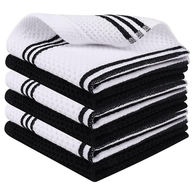 Homaxy 100% Cotton Waffle Weave Stripe Dish Cloths, 12 x 12 Inches, Super Soft and Absorbent Dish Towels Quick Drying Dish Rags, 6-Pack, White & Black