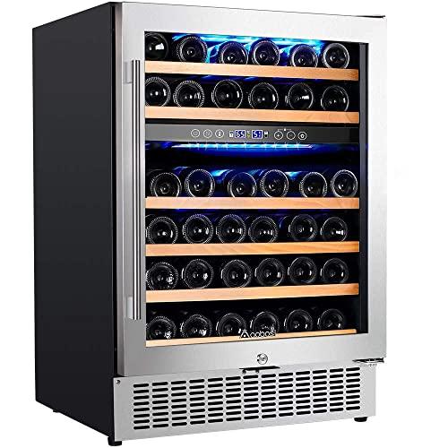 【Upgraded】Aobosi 24 Inch Dual Zone Wine Cooler 46 Bottle Freestanding and Built in Wine Refrigerator with Advanced Cooling System, Quiet Operation, Blue Interior Light | Easily Store Larger Bottles…