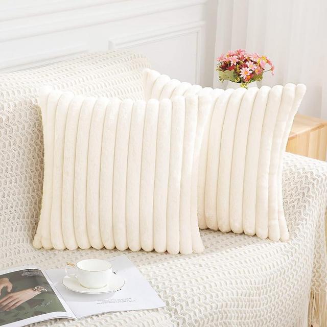 Pallene Faux Fur Plush Throw Pillow Covers 24x24 Set of 2 - Luxury Soft Fluffy Striped Decorative Pillow Covers for Sofa, Couch, Living Room - Cream White
