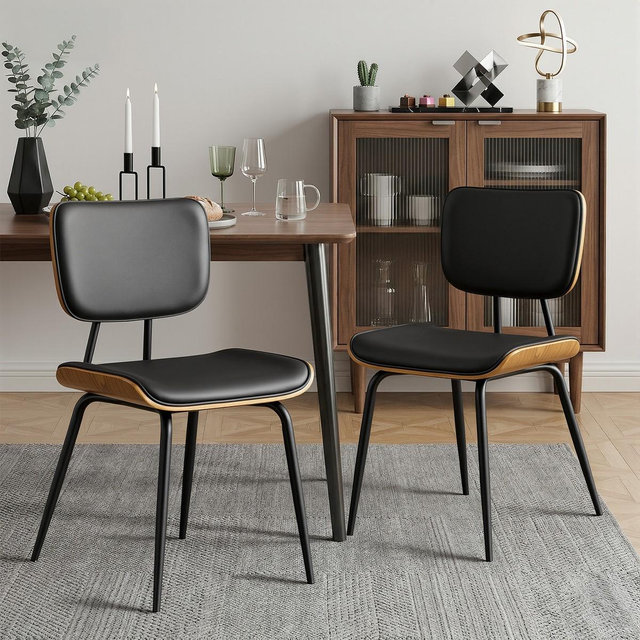 Bekrvio Set of 2 Black Dining Chairs with Metal Legs, Padded Back, Mid Century Modern Faux Leather Kitchen Chairs for Dining Living Room