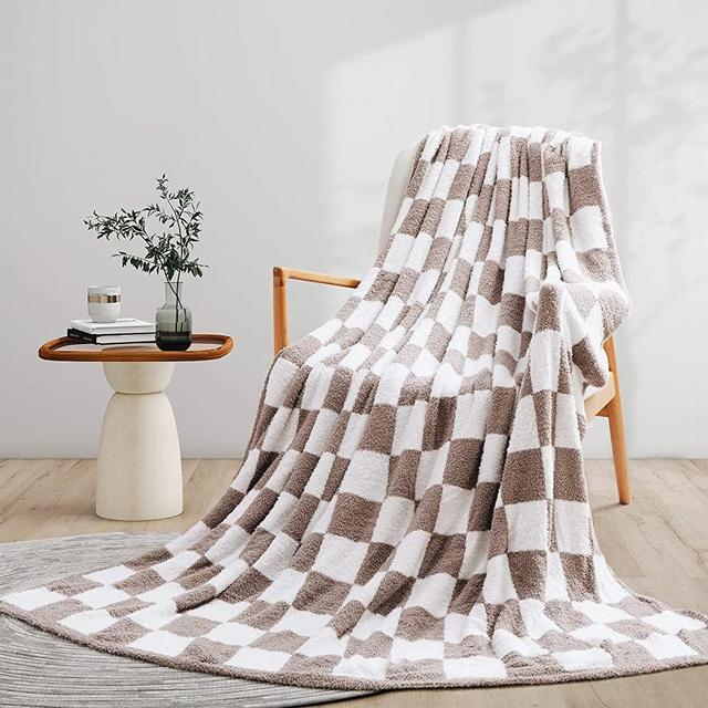 Peace nest Khaki Checkered Blanket for Couch Knitted Grid Checkerboard Throw Soft Lightweight Cozy Decor Blanket for Bed Sofa Chair Plaid Throw for Travel Gift 60"x80"