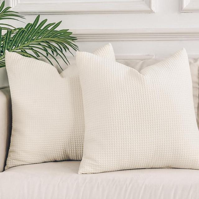 NEXHOME PRO 100% Cotton Waffle Weave Throw Pillow Covers 18x18 Inch Set of 2, Home Decorative Pillow Shams Cases 2 Pack for Bed Couch Sofa Car, No Insert, White Beige