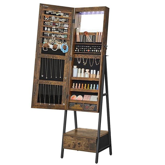 SONGMICS LED Mirror Jewelry Cabinet Standing, Lockable Armoire with Full-Length Mirror, Space-Saving Jewelry Organizer , Bottom Drawer and Shelf, Gift Idea, Rustic Brown UJJC025X01