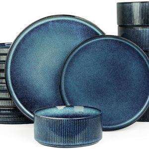 Famiware Star Plates and Bowls Sets, Modern Stoneware Dinnerware Sets for 6, 18-Piece Kitchen Dish Sets - Chip and Scratch Resistant, Microwave and Dishwasher Safe Tableware Set, Nebulas Blue
