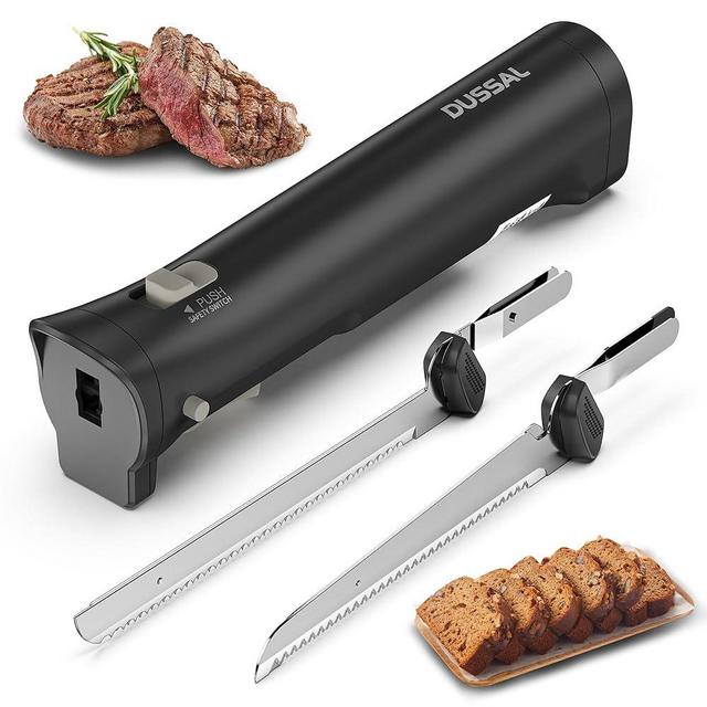 DUSSAL Cordless Electric Knife, Electric Bread Knife with 4 Stainless Steel Blades, Safety Lock Switch, Blade Release Buttons, On/Off button, Carving Meats, Fish, Poultry, Bread, Cheese & More (Black)