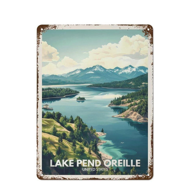 Lake Pend Oreille Idaho Metal Tin Sign Travel Poster Print Iron Painting Chic Art Wall Decoration Style12x16inch(30x40cm)