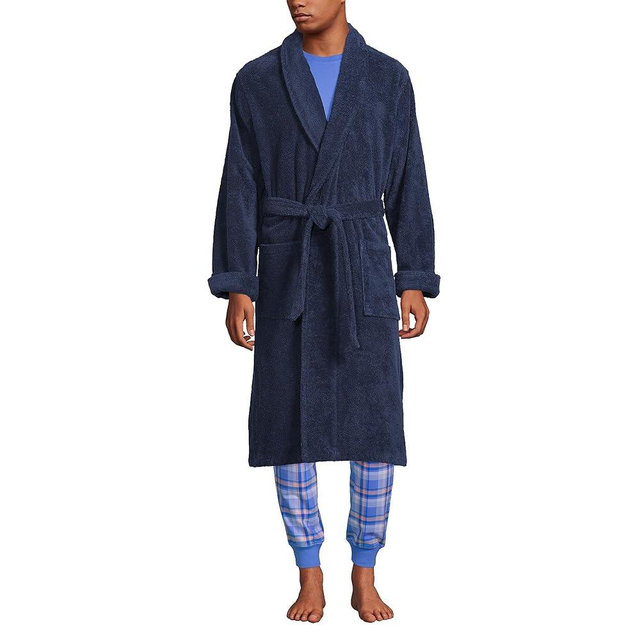 Lands' End Men's Full-Length Turkish Cotton Terry Bathrobe – 55" Length | Plush, Absorbent, 2 Pockets, Spa Comfort