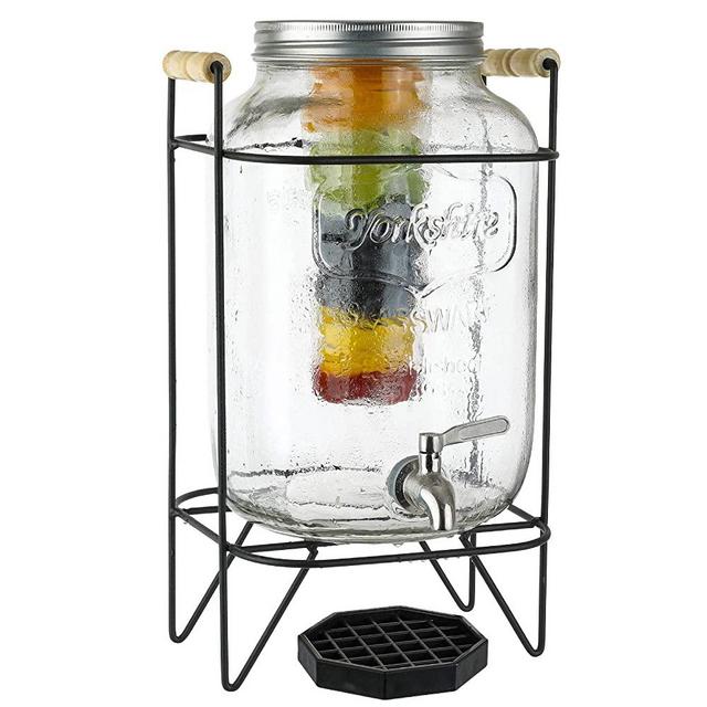 2 Gallon Glass Beverage Dispenser with Ice and Fruit Infusers, Metal Wire Stand with Wooden Handles, Drip Tray and Stainless Steel Spigot- Mason Drink Dispenser for Iced Tea, Kombucha, Infused Water