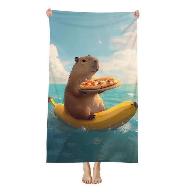 SKT T1 Capybara Beach Towel, Cute Capybara Eating Pizza On Banana Ship Pattern, Soft Quick Dry Towel for Swim Surf Pool