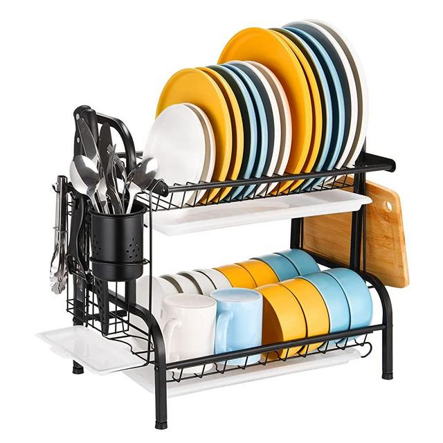 JOFTIX Dish Drying Rack, , 2 Tier Stainless Steel Dish Rack for Kitchen Counter, Large Rust-Proof Dish Drainer with Drainboard, Utensil Holder, Cutting Board Holder, Black