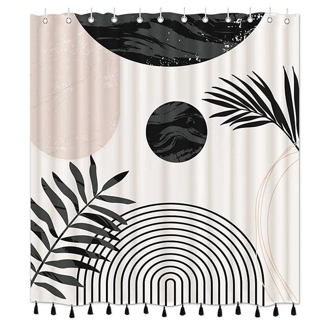 GiuMsi 72"X72" Boho Mid Century Black and White Shower Curtain Sets with Tassel Pendants Arch Sun Modern Minimalistic Leaves Bathroom Curtains Waterproof Durable Ployester 12 Hooks Home Decorations