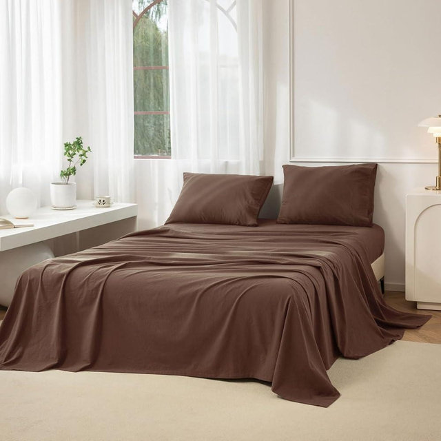 JIYUAN 100% Washed Cotton Sheet Set 4 Pieces King,1 Fitted Sheet,1 Flat Sheet and 2 Pillowcases,Comfy and Breathable Linen Like Bedding Set,Chocolate Brown