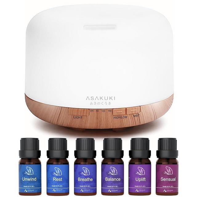 ASAKUKI 500ML Essential Oil Diffuser with Well-Wishing Essential Oil Blends Set