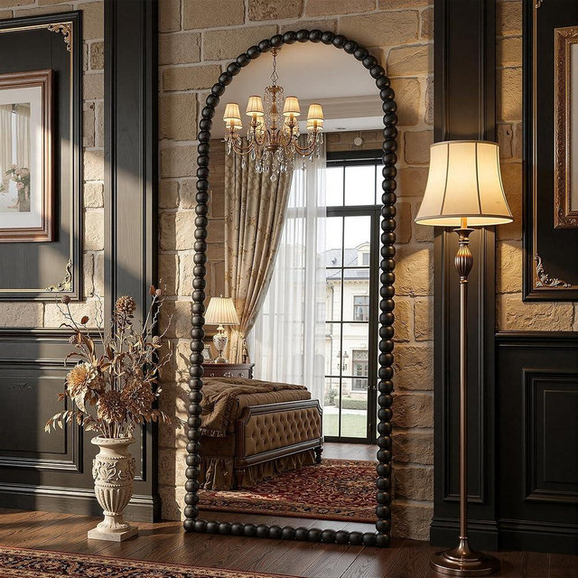 Antok Floor Mirror, 71"×28" Vintage Full Length Mirror Beaded Full Body Mirror with Stand, Hanging Mounted for Bedroom Living Room Cloakroom,Black,Luxury Style