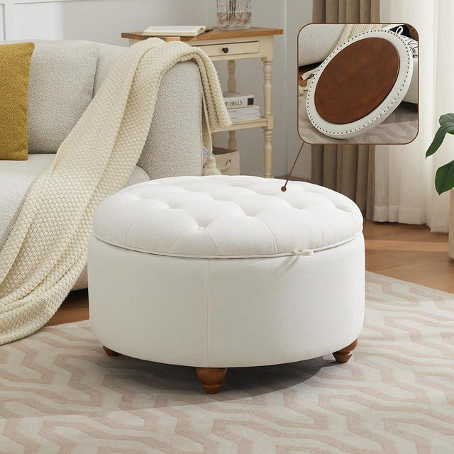 WUTUTUEE 30Inch Round Storage Ottoman with Tray, Modern Tufted Fabric Circle Coffee Table with Storage, Upholstered Ottoman with Removable Top for Living Room, Bedroom, Beige