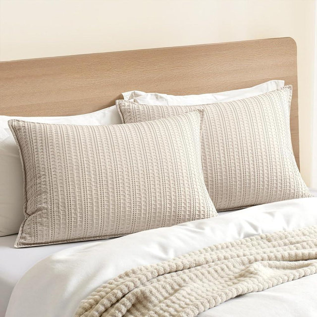 Woaboy 100% Cotton Waffle Pillow Shams Standard Size, 2 Pack 20x26 Decorative Pillow Covers for Bed Couch Sofa, Neutral Soft Weave Cushion Cases Modern Farmhouse Home Decor, Oatmeal