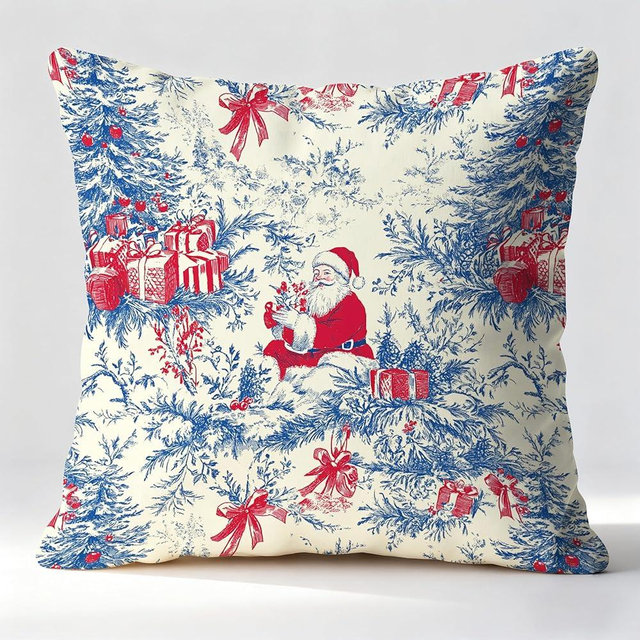 Fyecoluo Chinoiserie Christmas Santa Pillow Covers 18x18,Grandmillennial Christmas Decor,Red and Blue Xmas Tree Santa Holiday Decorative Throw Pillow Covers for Home Bedroom Living Room
