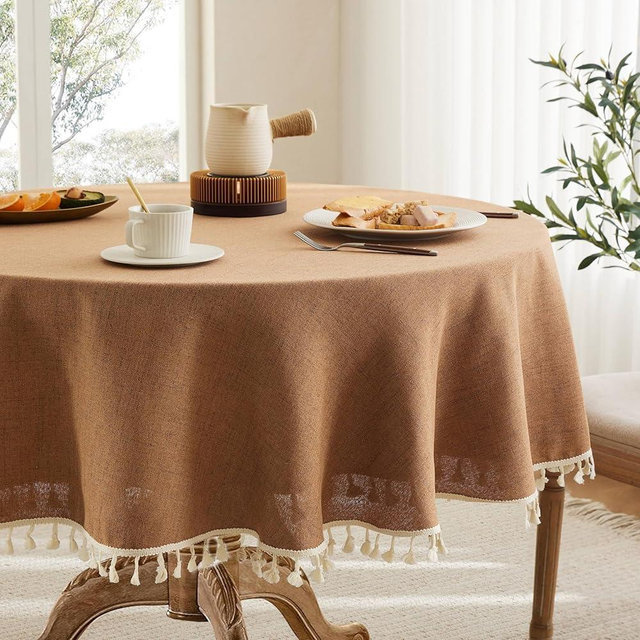 YZJZEDS Linen Tablecloth with Tassels, Farmhouse Style Brown Tablecloth, Water Resistant Burlap Tablecloths for Round Table, 60 Inch Round Caramel