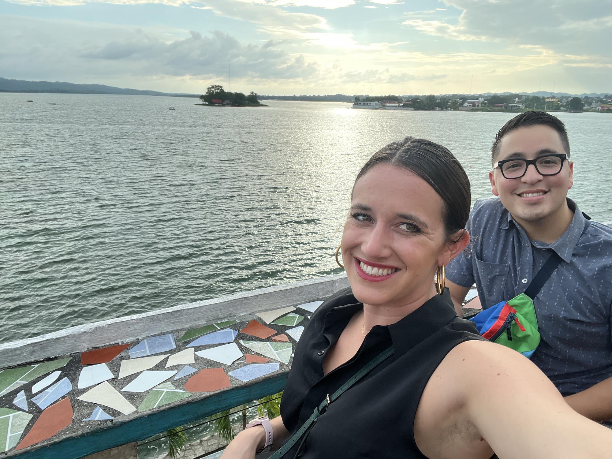 Selfie time while taking in the aqua view in Flores, Guatemala.
