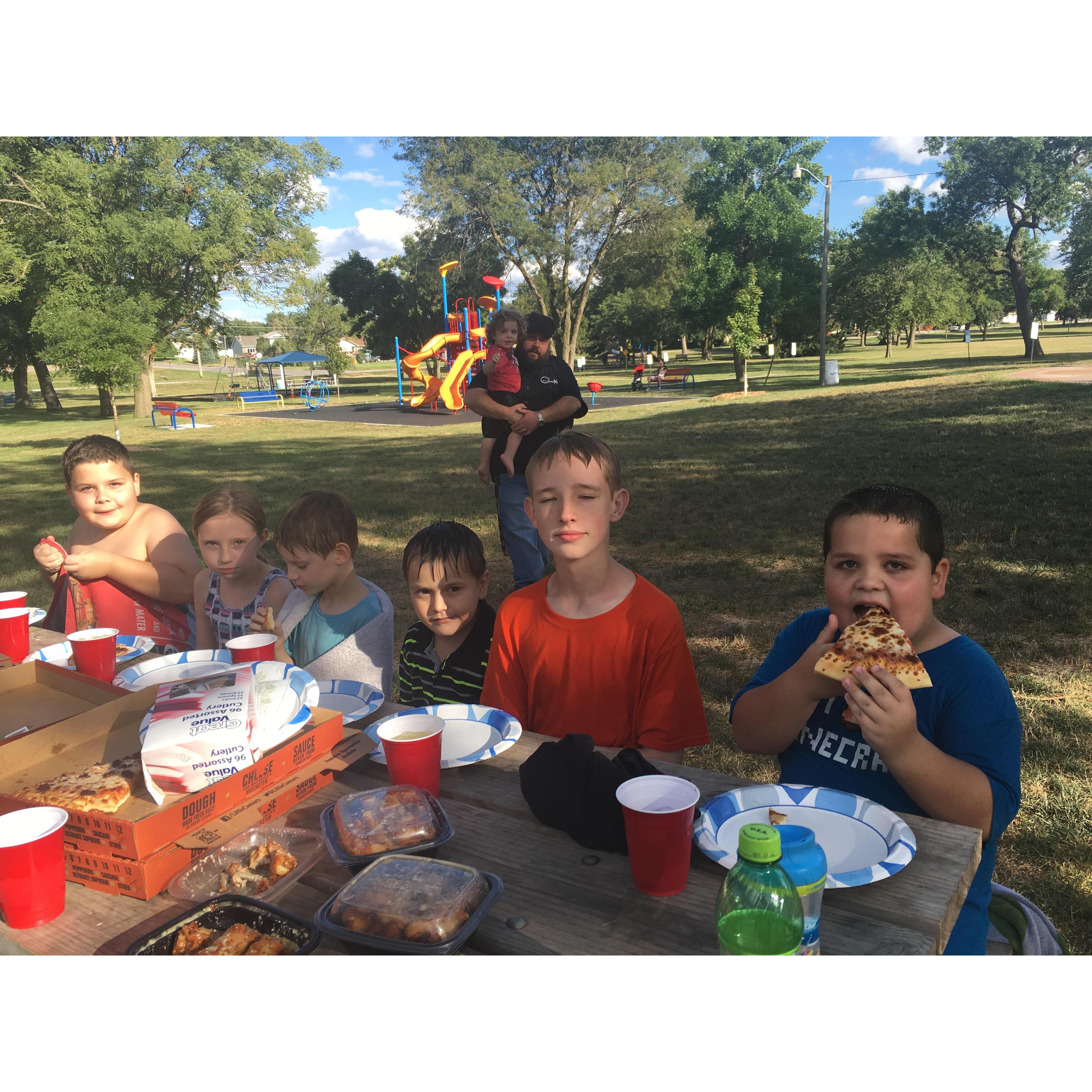 Christian's 7th(?) birthday party with Logan Hinkle, Morgan, Zakk, Layne, and Atticus (Kasyn and Hinkle in back)