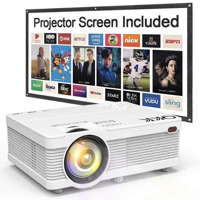 QKK Portable LCD Projector 3800L Brightness [100" Projector Screen Included] Full HD 1080P Supported, Compatible with Smartphone, TV Stick, Games, HDMI, AV, Indoor & Outdoor Projector for Home Theater