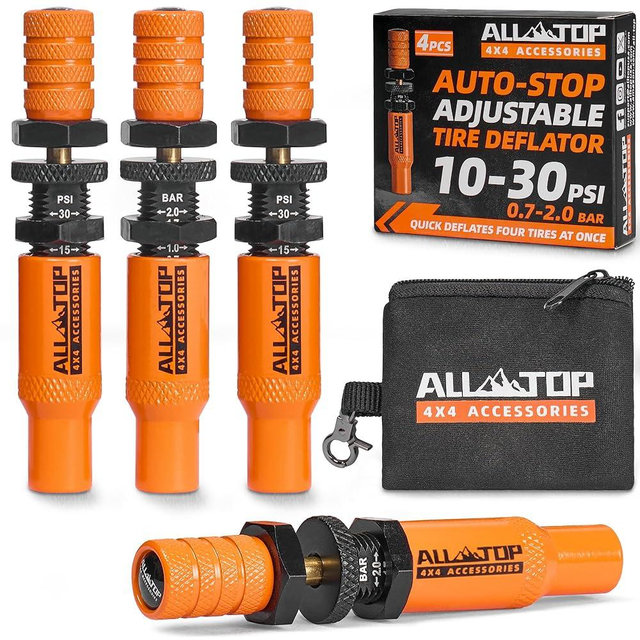 ALL-TOP Adjustable Auto-Stop Tire Deflator Valve Kit (10-30PSI) 4 PCS Tyre Air Down Tool with Screw-On Back-up Valve Caps for Offroad 4x4 (2nd Gen)