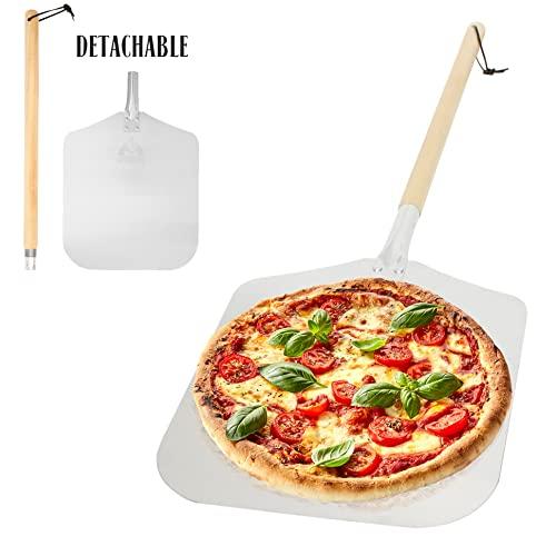 Aluminum Pizza Peel Paddle with Detachable Wooden Handle, 12" x 14" inch Blade, Long 21.5" Handle with Leather Strap, 35.5 inch overall - Outdoor Pizza Oven Accessories