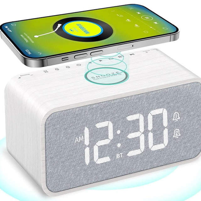 ANJANK Wooden Alarm Clock Radio with Bluetooth Speaker, Wireless Charging Station for iPhone/Samsung, Dual Alarms, Auto-sync Time, 0-100% Dimmer, Digital Clock for Bedrooms Bedside Desk