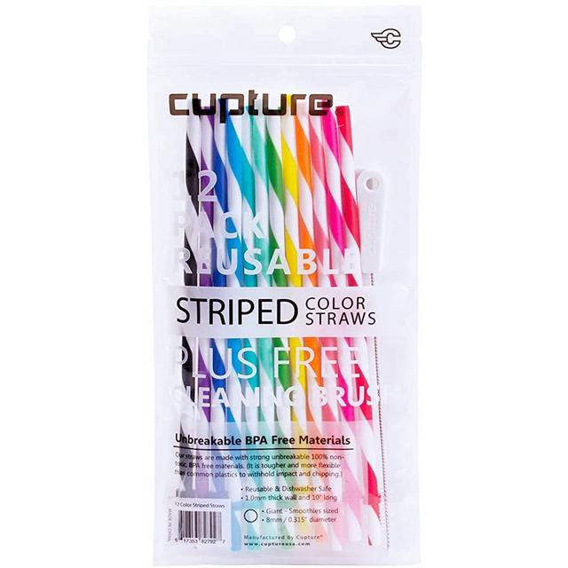 Cupture Reusable & Unbreakable Color Striped Straws - 12 Count + Free Brush