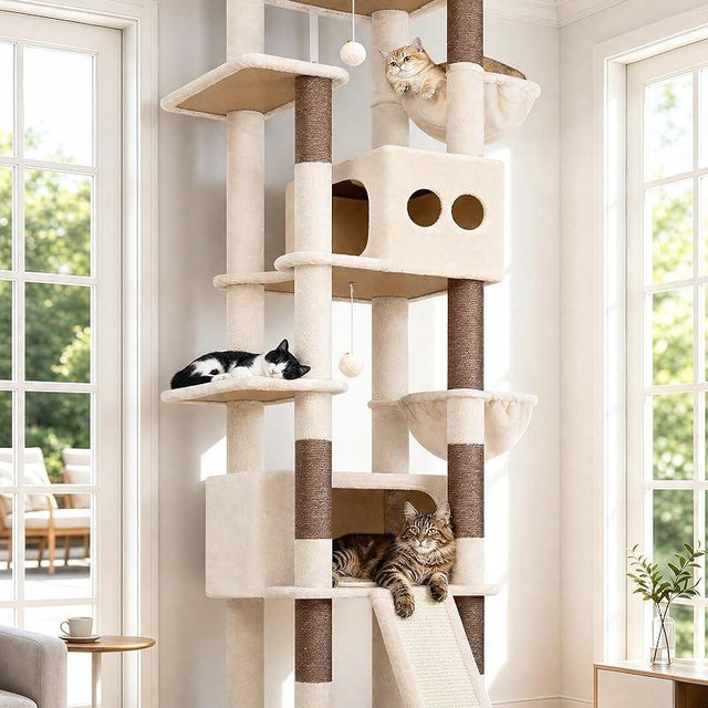 Globlazer Extra Tall Large Cat Tree, 84in Multi-Level Cat Climbing Tower for Indoor Cats Large Adult, Widened Condo with Scratch Board, 7 Scratching Posts, Padded Perch, Metal Basket, S84E, Beige