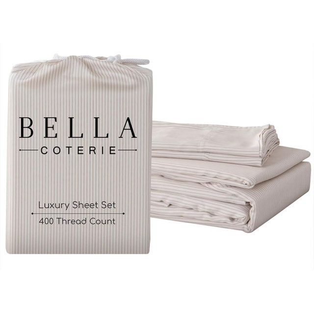 Bella Coterie Luxury Bamboo Viscose Queen Size Sheet Set | 100% Organically Grown | Ultra Soft | Cooling for Hot Sleepers | 18" Deep Pocket [Striped Dune]