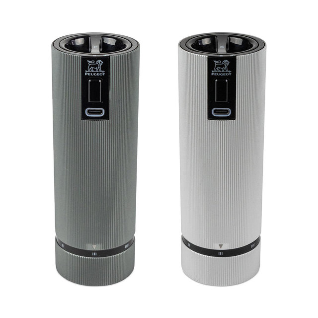 Peugeot Line Electric Duo, u'Select, Carbon Pepper Mill and Aluminum Zirlion Salt Mill, 6"