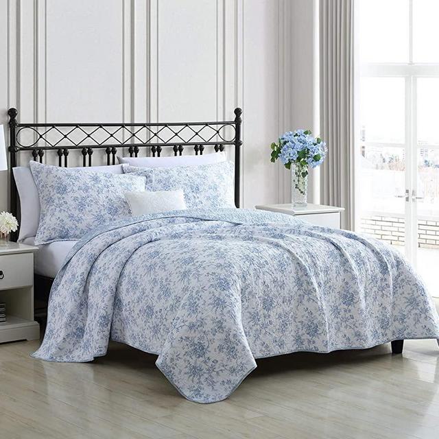 Laura Ashley Home - Walled Garden Collection - Quilt Set - 100% Cotton - Cozy, Soft and Breathable - Reversible & Medium-Weight for All Seasons, King, Blue