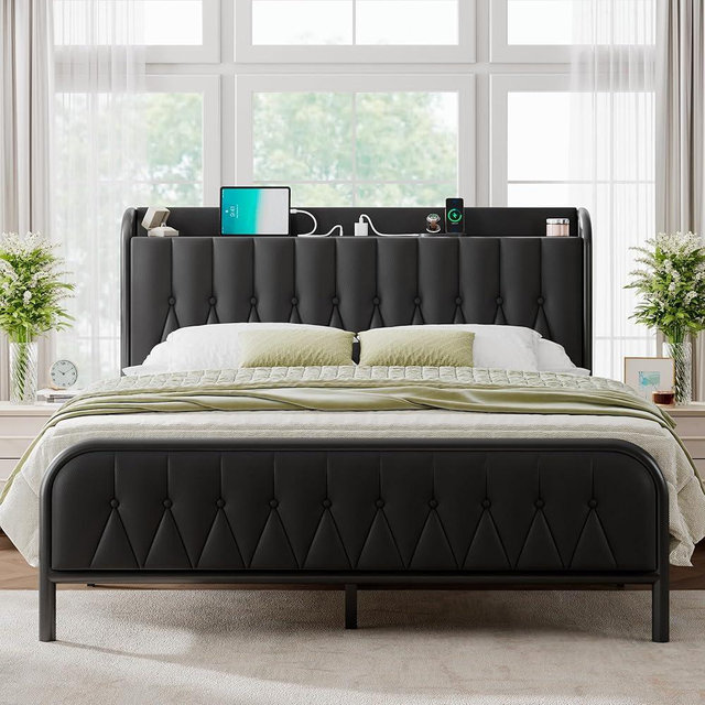 Feonase Leather Queen Bed Frame with Fast Charging Station,Queen Size Metal Platform Beds with Upholstered Headboard & Footboard,12" Underbed Storage Space,Easy Assembly,Noise-Free,Black