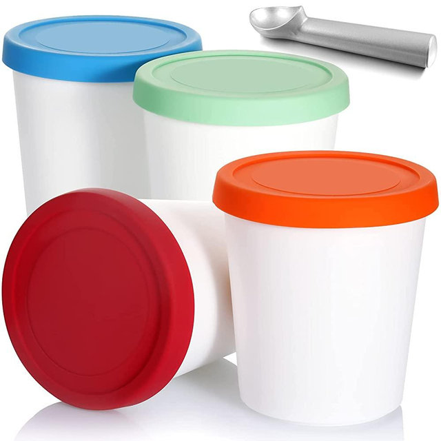 Ice Cream Containers 5 Pack 1Qt Freezer Storage Tubs with Silicone Lids and Spoon for Homemade Ice Cream for Homemade Ice Cream, Sorbet and Gelato, Freezer Dishwasher Safe (Blue, Red, Green, Orange)