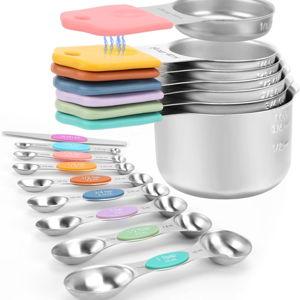Magnetic Measuring Cups and Spoons Set-Heavy Duty 304 Stainless Steel，Double Measurement Markings，Set of 16 with Leveler for Measure Dry and Liquid Ingredients