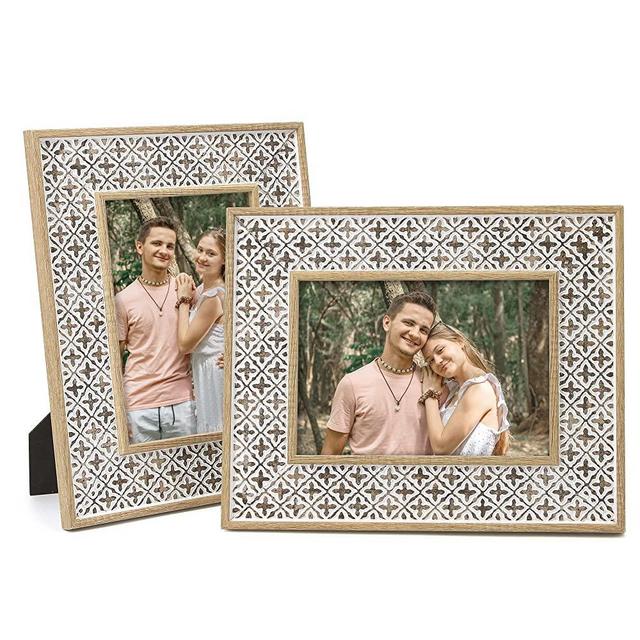 Takfot Boho Picture Frames 5x7 Moroccan Decorative Photo Frame 2 Pack Distressed White Farmhouse Rustic Decor Wood Picture Frame for Wall Display and Tabletop, Wedding Engagement Gifts for Couple Family Friends