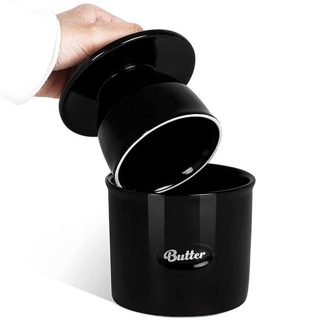 Porcelain French Butter Keeper Crock, Butter Dish for Fresh Spreadable Butter, Ceramic Butter Keeper Crock with Water Line, No More Hard Butter, Black