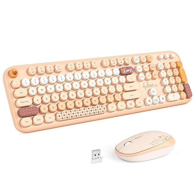 MOFII Wireless Keyboard and Mouse Combo, Full Size 2.4G Plug and Play Typewriter Retro Round Computer Keyboard and Mouse Set for Windows, Computer, Desktop, PC, Notebook - (Milk Tea Colorful)