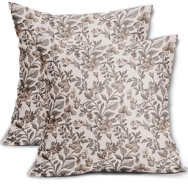 Vintage Floral Pillow Covers 18x18 Inch Set of 2, Antique Flower Block Print Brown Grey Gray Pattern Decorative Throw Pillowcases Outdoor Farmhouse Cushion Covers Art Decor for Sofa Couch Bed