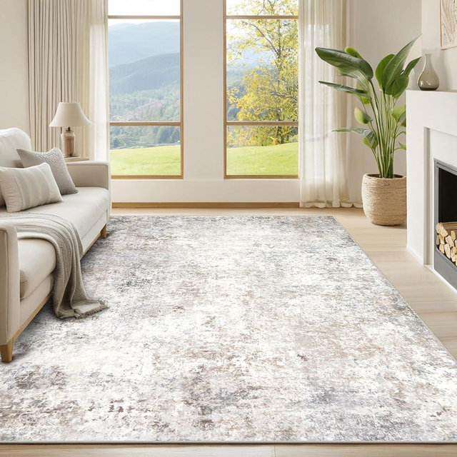 Srugn Washable Rugs 6x9 Area Rugs for Living Room,Modern Abstract Rugs for Bedroom,Large Carpets,Ultra Soft Faux Wool Retro Dining Room Rug,Non Slip&Non-Shedding Low Pile Print Rug- Beige Grey