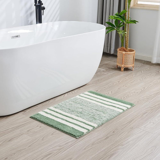 CozeCube Sage Green Striped Bath mats for Bathroom Non Slip, Fluffy Absorbent Microfiber Bath mat Washable, Aesthetic Bathroom Rugs, Cute Bath mat for Sink, 20" x 32"