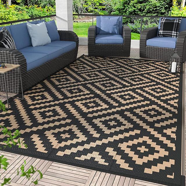 GENIMO Outdoor Rugs 8x10 Waterproof, Reversible Mats, Area Plastic Straw Rug, Outside Carpet, Geometric Rv Mat for Patio Camping Rv Picnic Backyard Deck Balcony Porch Beach Trailer (Black & Brown)